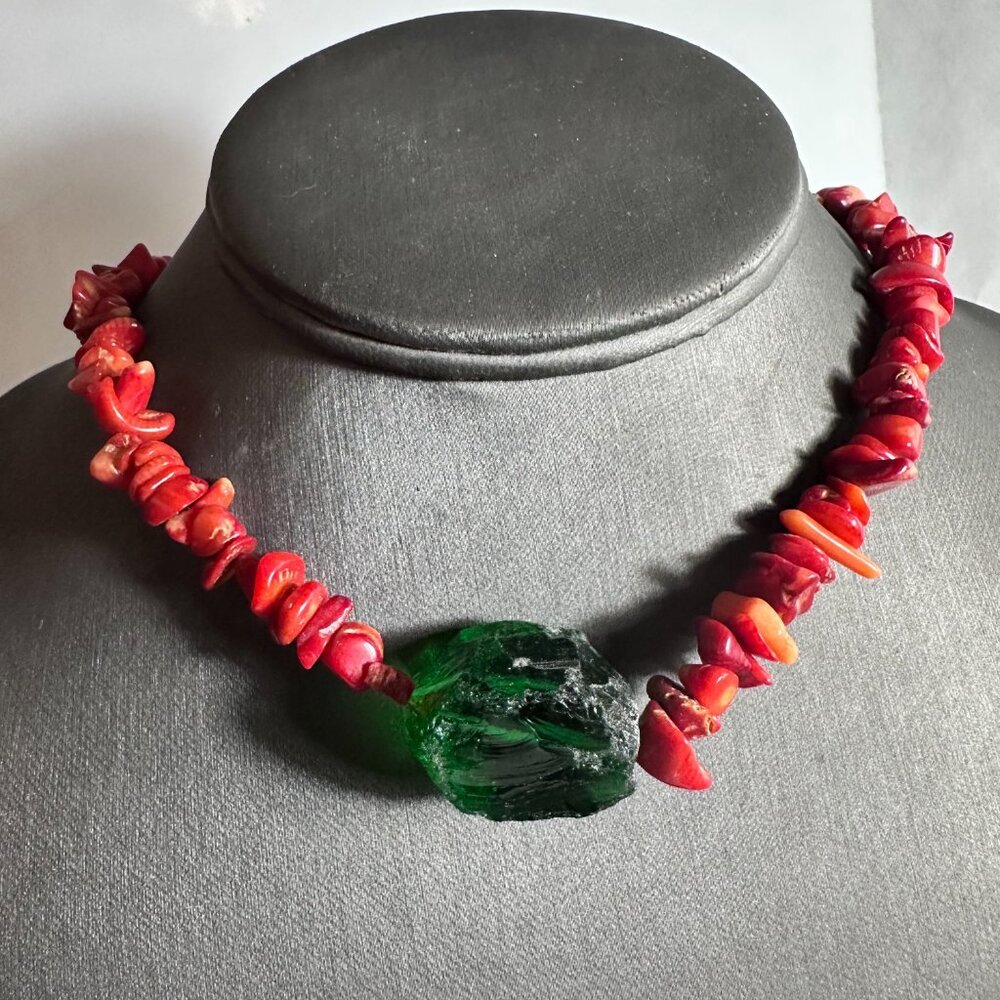 Green Sea Glass Red Coral Pendant Sterling Silver Necklace 925 Handmade Beach - Picture 3 of 11